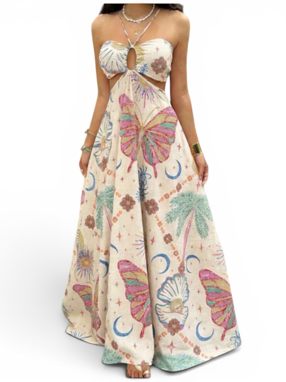 Bohemian Butterfly Cutout Maxi Dress - Cream